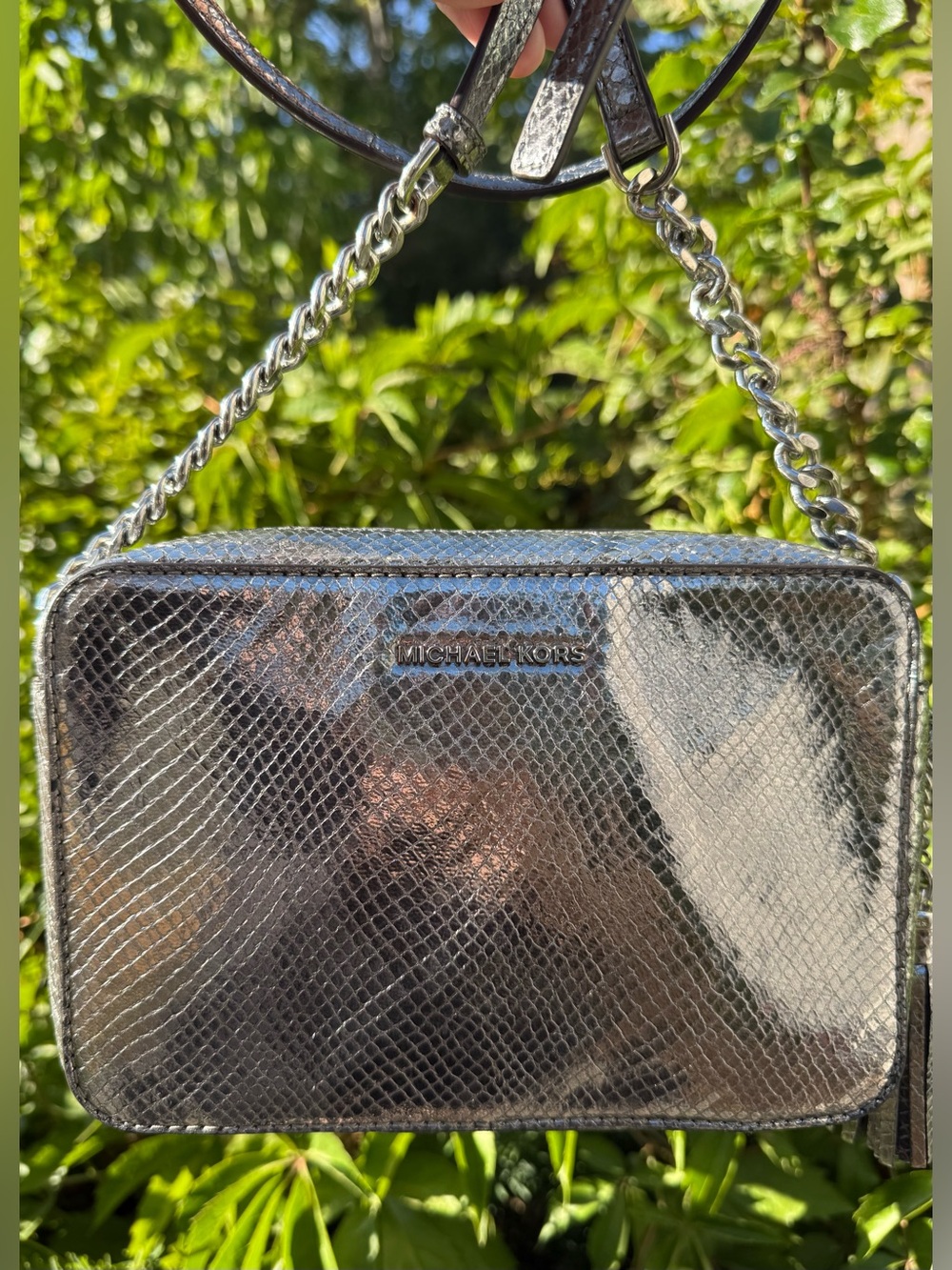 Michael Kors Ginny Metallic Pewter Snakeskin Camera Crossbody Bag READ DESC.